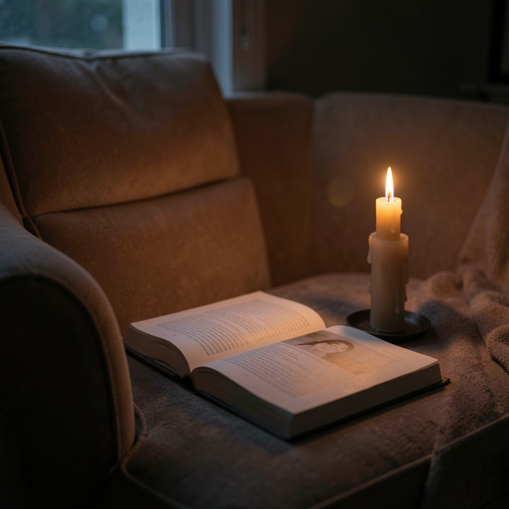 Calm evening setting with book and soft lighting