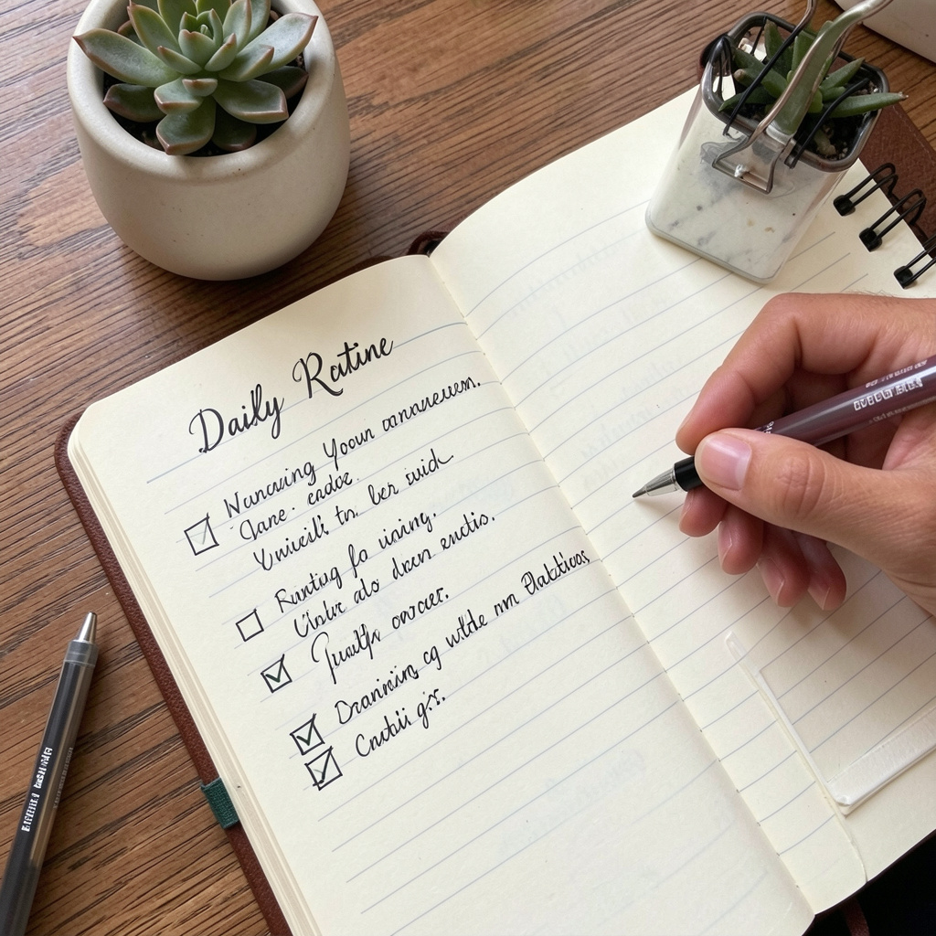 Person planning daily routine in a journal