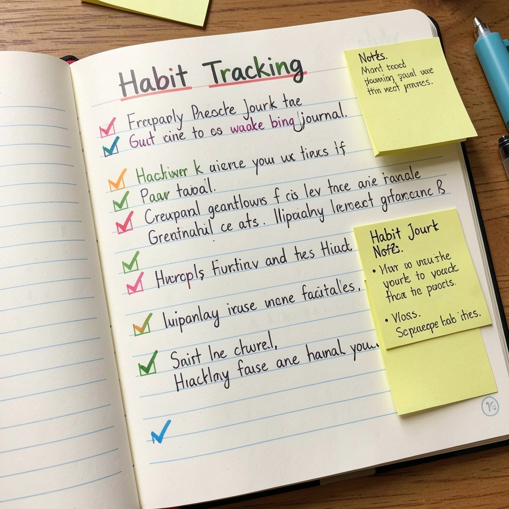 Habit tracking journal with checkmarks and notes