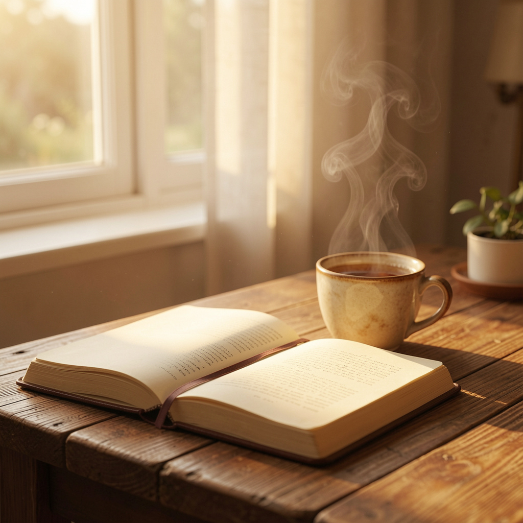 Peaceful morning scene with journal and tea